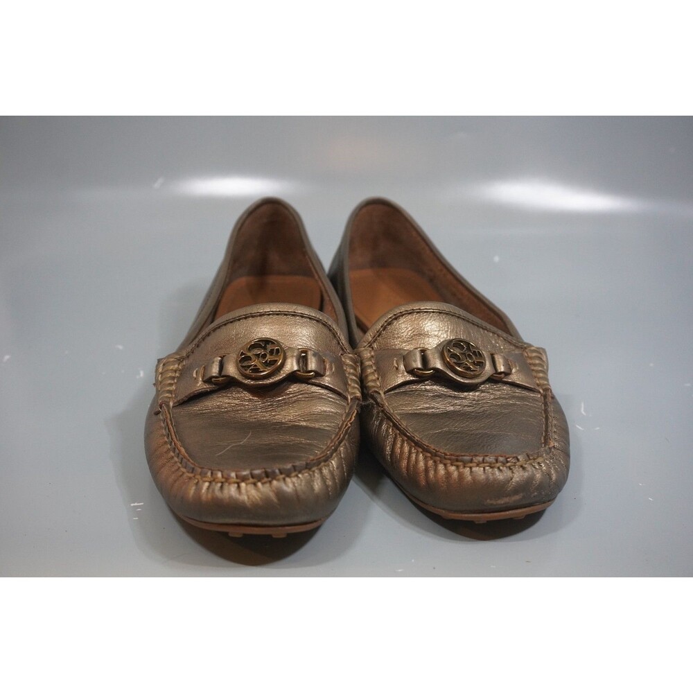 Coach Fonda Womens 7.5B Gold Patent Leather Driving Loafers Moccasin Flats Logo - Picture 2 of 8